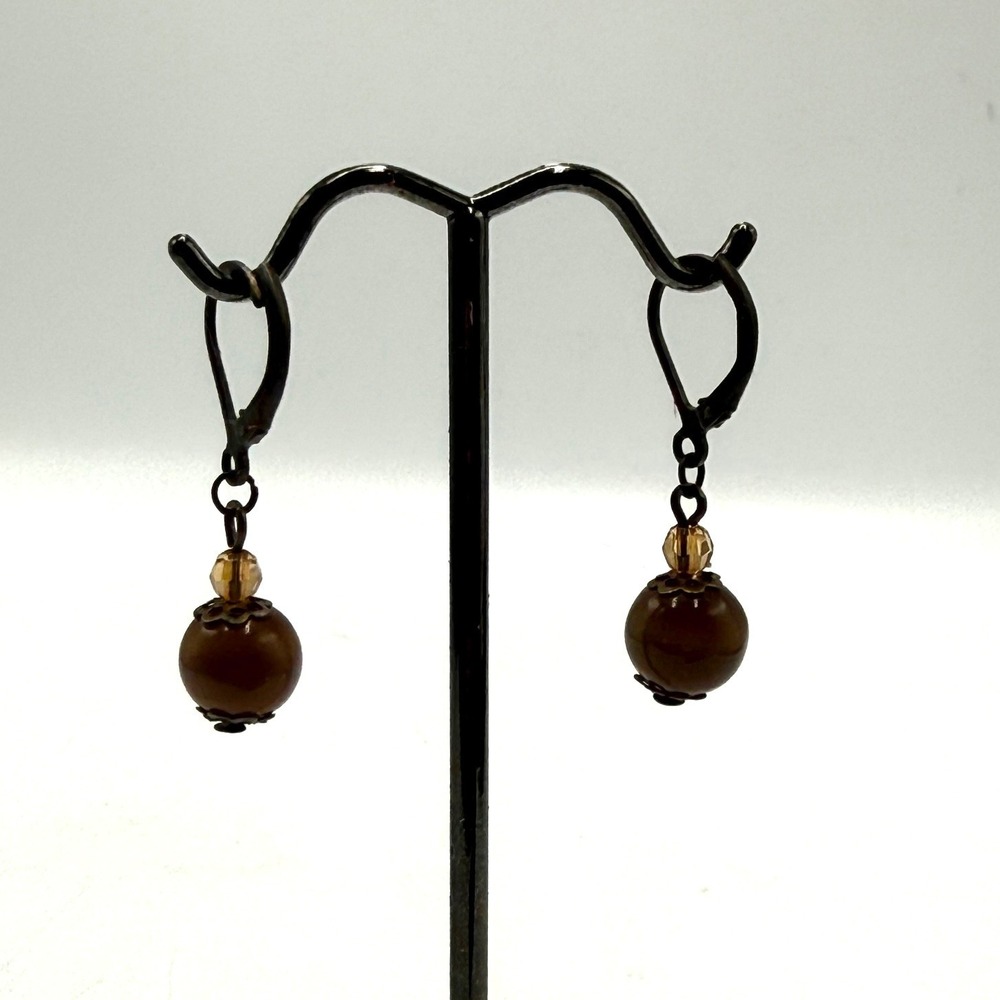 Vintage Brown Round Bead Drop Earrings Amber Crystal Accent Leverback Dangle
